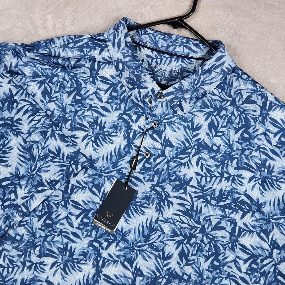 Maelreg‎ Polo Shirt Mens 4XL Blue Leaf Tropical Print Golf Performance Stretch